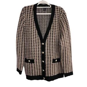Tahari Eyelash Houndstooth Tan / Black Cardigan Sweater XL Career Office Classy